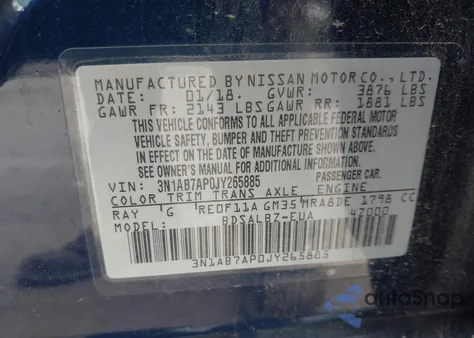 2018 Nissan Sentra S z USA, uszkodzony, nr VIN 3N1AB7AP0JY265885